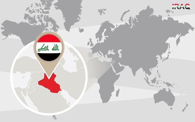 Mapa mundial com o iraque ampliado. bandeira e mapa do iraque.