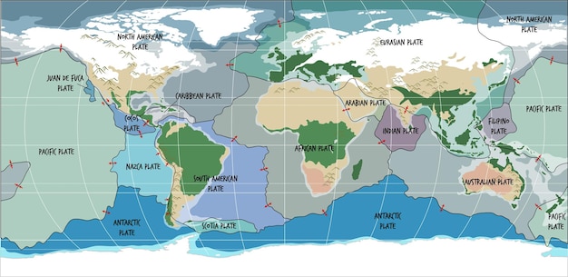 Vetor grátis mapa mundial mostrando limites das placas tectônicas