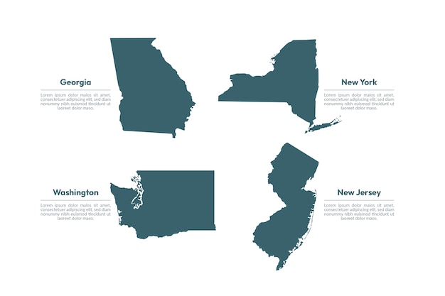 Mapas de contorno dos estados unidos de design plano