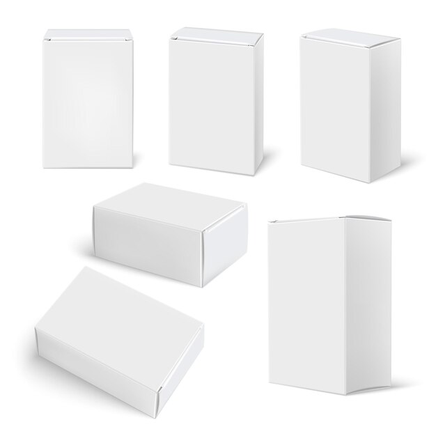Maquete de caixa branca realista definida com imagens isoladas de caixas de embalagem em branco semelhantes na ilustração vetorial de fundo em branco