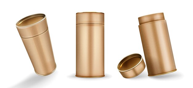 Maquete de caixas de tubo Kraft, cilindros de papelão abertos e fechados de cor marrom, recipientes em branco para a marca feitos de papel artesanal isolado no fundo branco, ilustração em vetor 3d realista, mock up