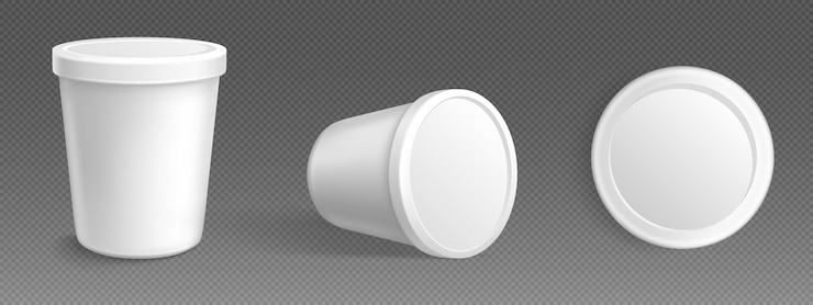 Vetor grátis maquete de recipiente de banheira de sorvete de plástico 3d papel branco iogurte caixa de pacote redondo vetor com design de visão diferente modelo de embalagem de tubo de produto de sorvete em branco realista em branco claro para branding