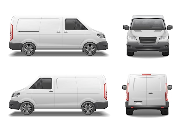 Vetor grátis maquete de van de carro com imagens realistas isoladas de automóvel de diferentes ângulos na ilustração vetorial de fundo em branco