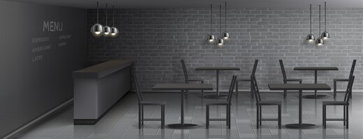 Maquete do interior do café com balcão de bar vazio, mesas e cadeiras de jantar, lâmpadas do teto