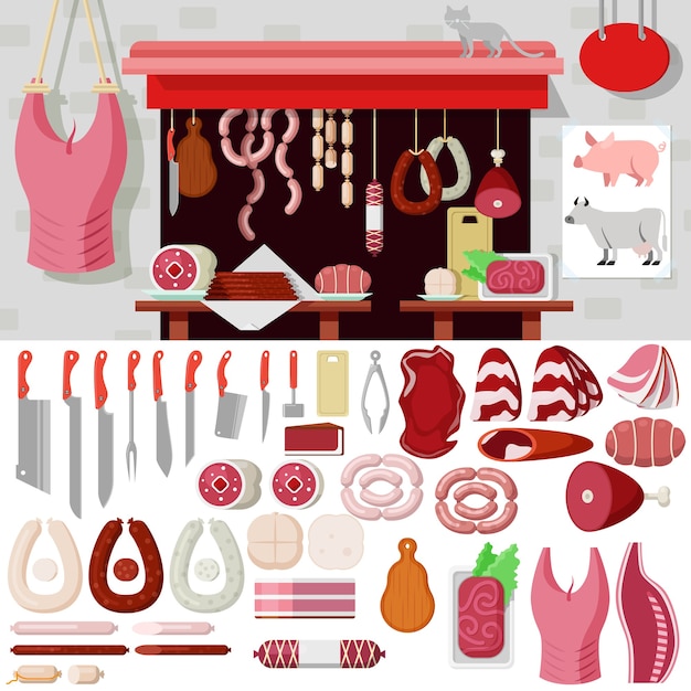 Maquete do kit de objetos do local de trabalho de açougue estilo simples. conjunto de ícones de ferramentas de produtos de carne para construir açougue. coleção de kits.