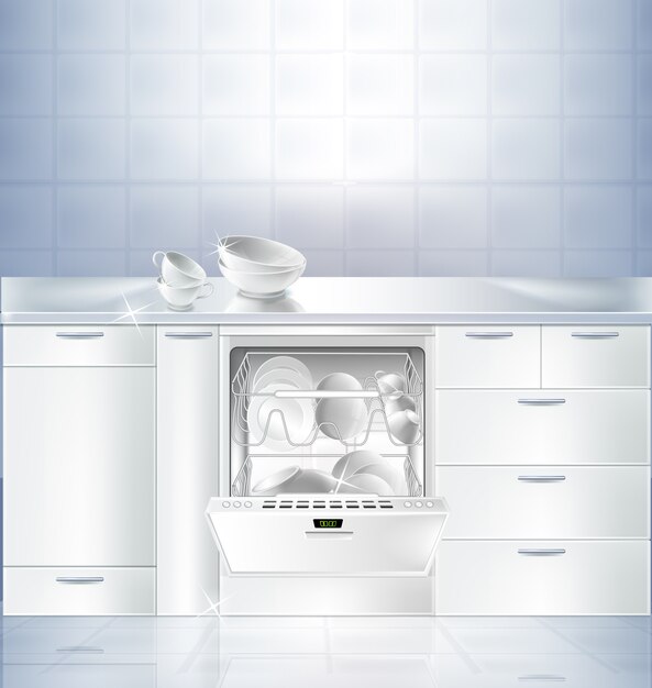Maquete realista da sala de cozinha com piso branco limpo e parede.