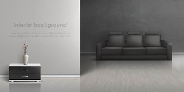 maquete realista da sala vazia com sofá preto, mesa de cabeceira com vaso