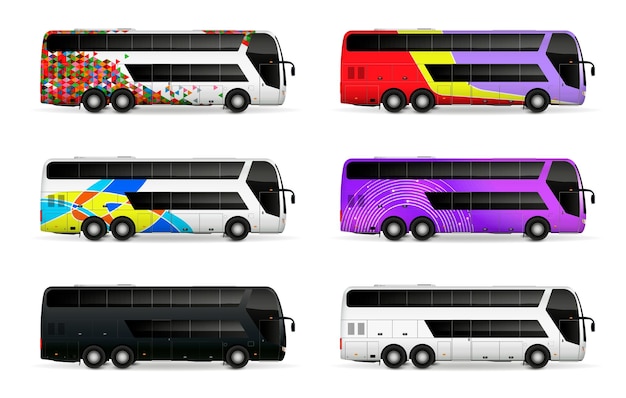 Vetor grátis maquete realista de ônibus definida com ilustração vetorial isolada de símbolos de transporte turístico