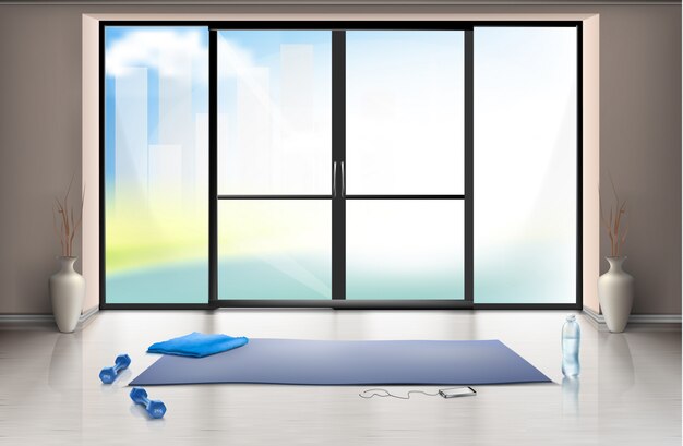 maquete realista do ginásio vazio para treinamentos de fitness com tapete de yoga azul e dumbells
