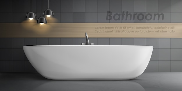 Vetor grátis maquete realista do interior do banheiro com grande banheira de cerâmica branca, torneira de metal