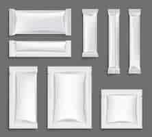 Vetor grátis maquetes de pacotes de saquinhos de papel branco para açúcar ou conjunto realista de pó solúvel isolado em ilustração vetorial de fundo cinza