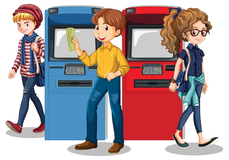 Vetor grátis máquina atm com personagem de desenho animado de pessoas