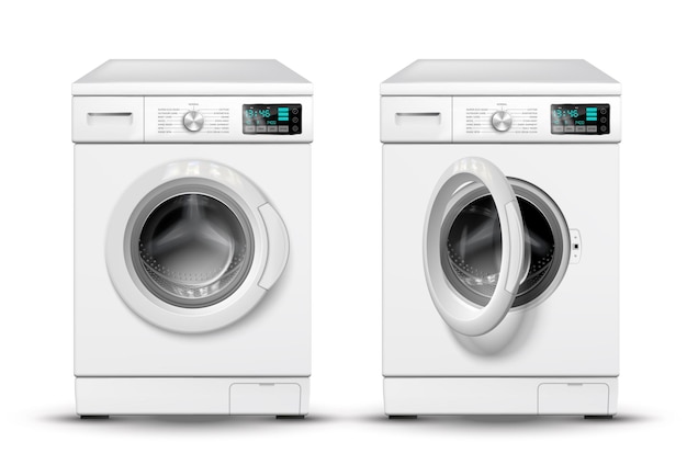 Vetor grátis máquina de lavar realista com vistas frontais isoladas de máquinas de lavar roupa com ilustração vetorial de porta fechada e aberta