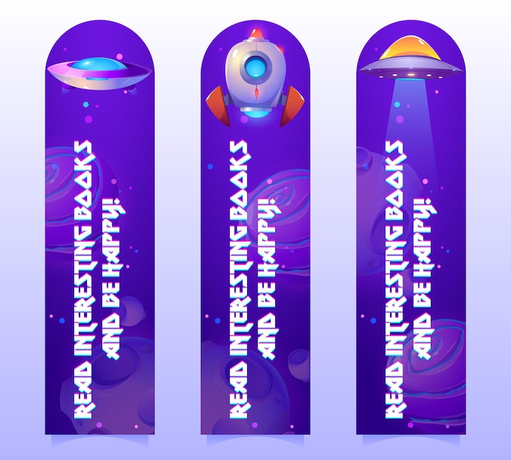 Vetor grátis marcadores de espaço com naves espaciais no fundo do cosmos. banners verticais de vetor com ilustração dos desenhos animados de céu escuro com estrelas, planetas alienígenas, foguetes e discos voadores ovni