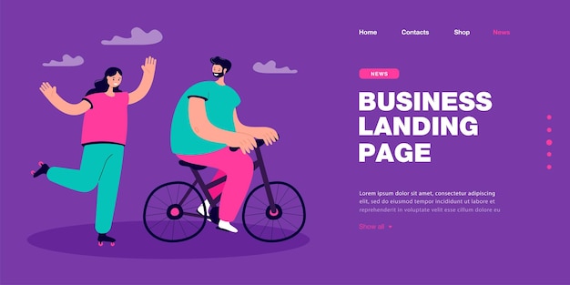 Vetor grátis marido andando de bicicleta olhando para a esposa de patins. mulher de patins e homem na ilustração em vetor plana de bicicleta. lazer, conceito de atividade ao ar livre para banner, design de site ou página da web de destino