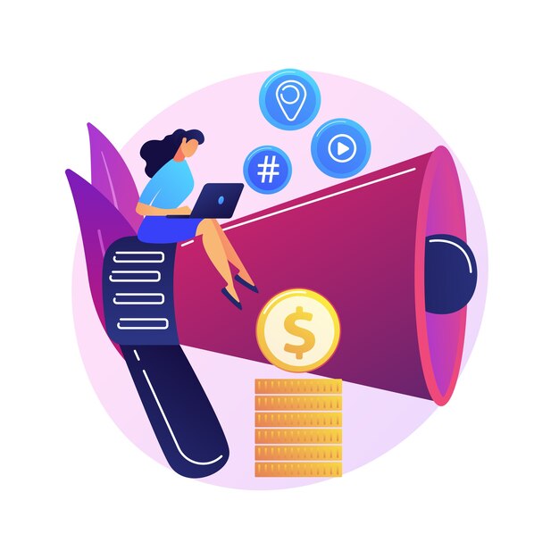 Marketing de conteúdo. Redação, blogs, redação criativa. Personagem de desenho animado feminino sentado no megafone. SMM, elemento de design plano de promoção na Internet.