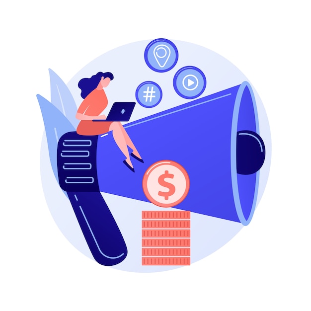 Marketing de conteúdo. Redação, blogs, redação criativa. Personagem de desenho animado feminino sentado no megafone. SMM, ilustração de conceito de elemento de design plano para promoção na Internet