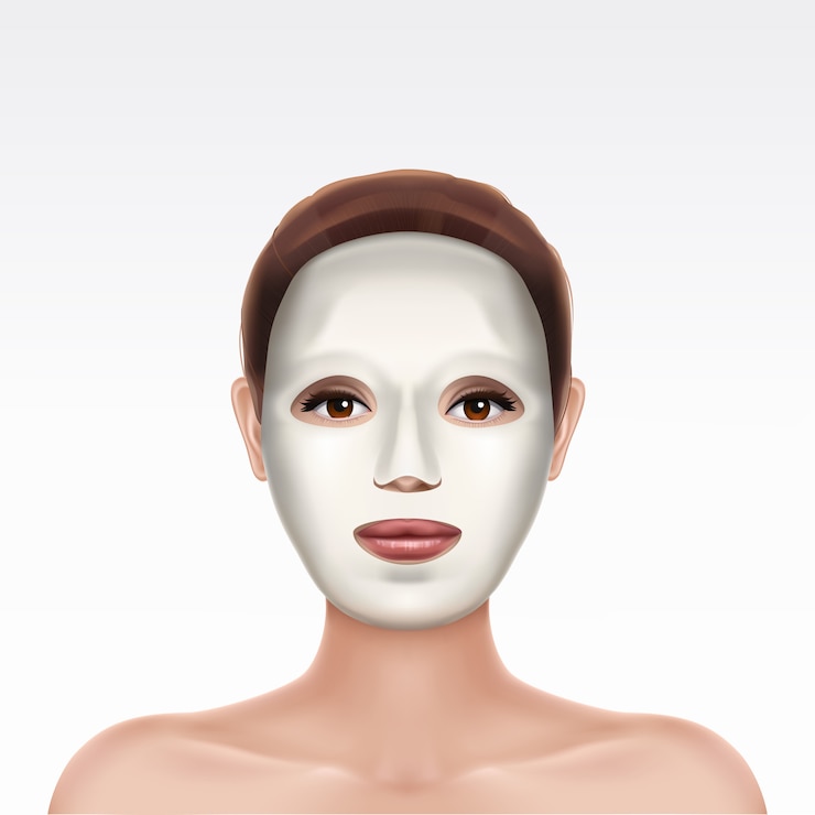 Vetor grátis máscara facial hidratando cosmética branca da folha na cara da menina bonita nova no fundo branco.