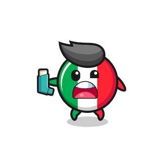 Mascote da bandeira da itália tendo asma enquanto segura o inalador, design fofo Vetor Premium