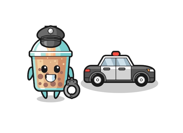 Mascote de desenho animado de chá de bolhas como um design de estilo fofo da polícia para elemento de logotipo de adesivo de camiseta