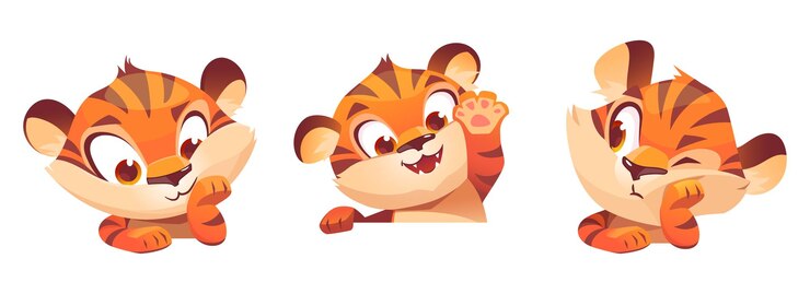 Vetor grátis mascote de filhote de animal engraçado de personagem de desenho animado de tigre bonito com focinho kawaii emoções expressas sorriso pata chata e acenando gatinho selvagem com pele listrada laranja isolada no conjunto de vetores de fundo branco