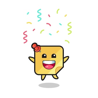Mascote de notas adesivas felizes pulando de parabéns com confete colorido, design de estilo fofo para camiseta, adesivo, elemento de logotipo