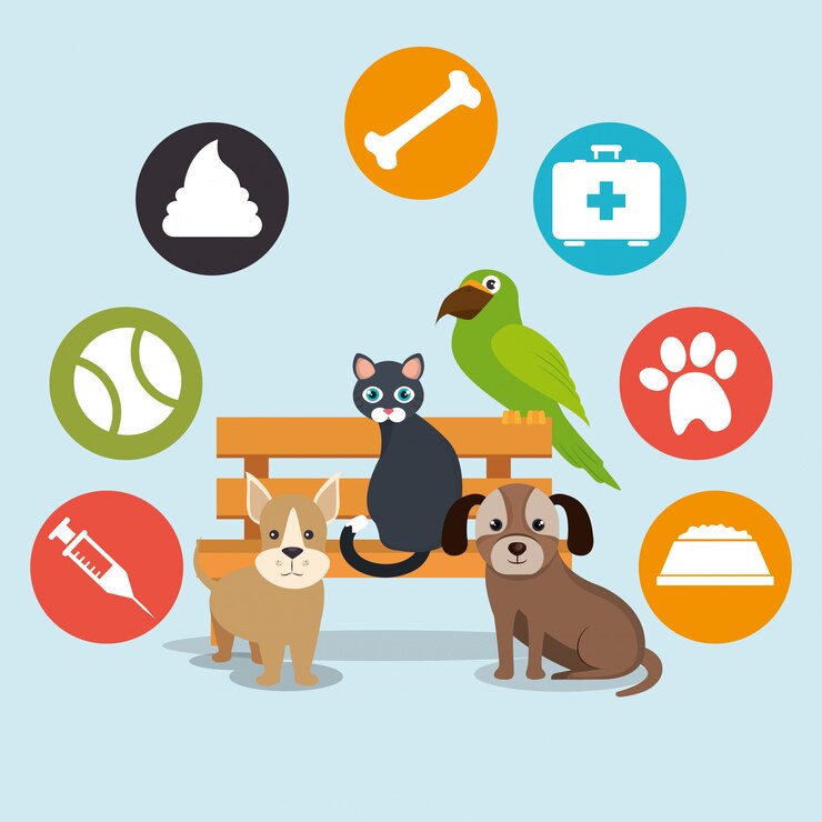Vetor grátis mascotes bonitos e ícones de loja de animais