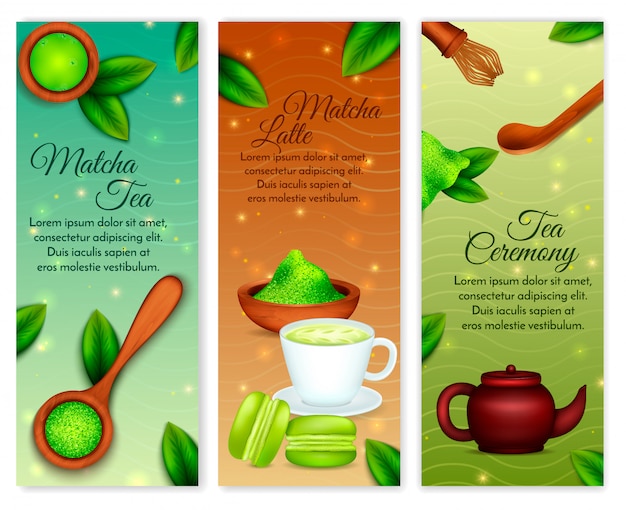 Vetor grátis matcha em pó vertical realista verde terra tom com latte cerimônia de chá doces acessórios