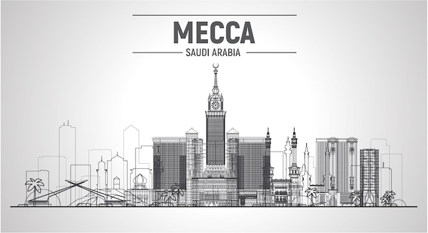 Meca Arábia Saudita linha de linha da cidade vetor em fundo branco Ilustração vetorial plana Conceito de viagens e turismo de negócios com edifícios modernos Imagem para banner ou site