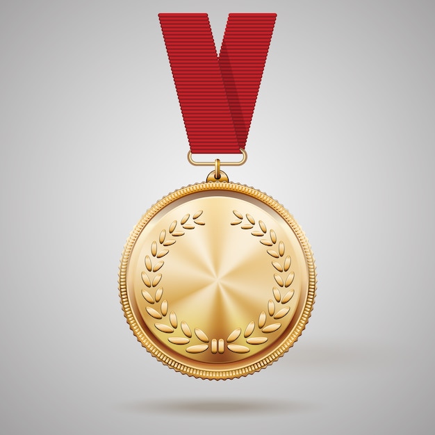 Medalha de ouro de vetor em fita vermelha com detalhes em relevo da coroa de louros e reflexos conceituais de um prêmio pela conquista da vitória na primeira colocação