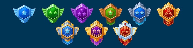 Medalha e emblema com fita de estrela e asas para o design de classificação de nível da interface do jogo conjunto de ilustrações vetoriais de desenho animado de vários hexágonos coloridos gui rótulos de premiação medievais e troféus por realizações