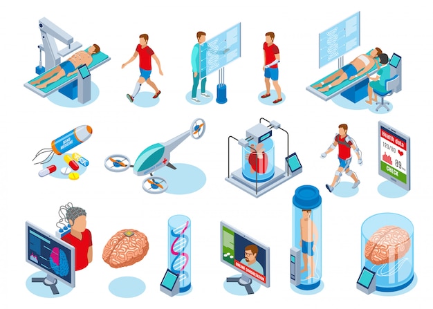 Medicina da coleção de ícones isométrica do futuro de imagens isoladas com equipamento médico da próxima geração