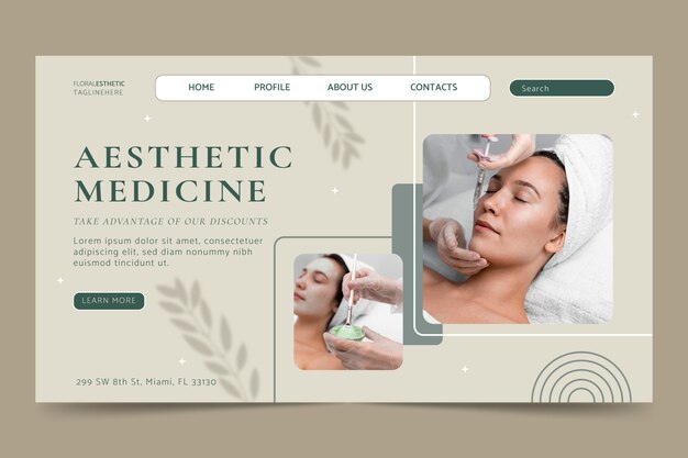 Medicina estética página de destino plana desenhada à mão com foto