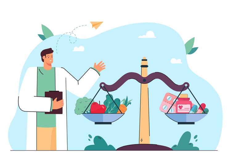 Vetor grátis médico ao lado de escalas com comprimidos e vegetais. equilíbrio entre alimentação saudável e ilustração plana de vitaminas