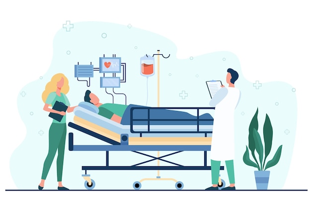 Médico e enfermeira, prestando cuidados médicos ao paciente na cama isolada ilustração plana.