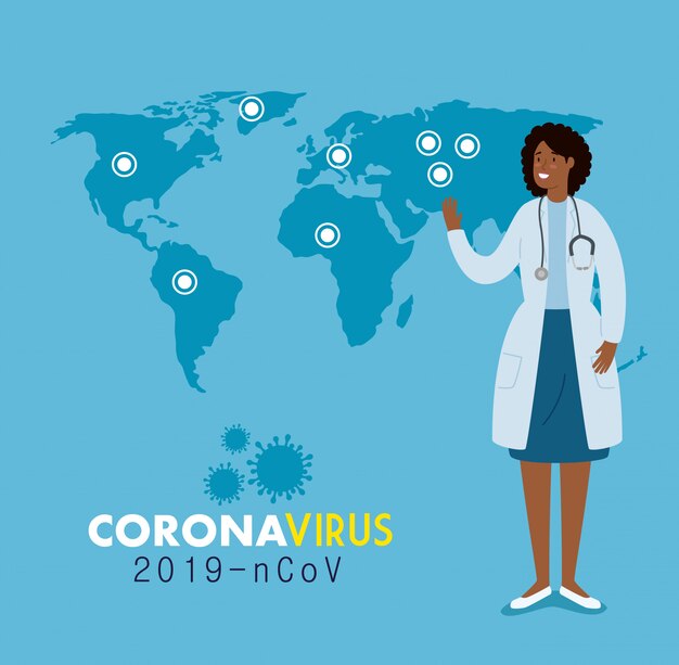 Médico feminino e mapear o mundo com infecções 2019 ncov