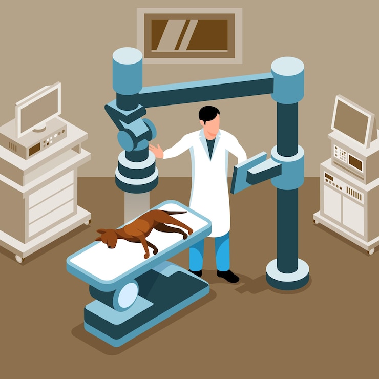 Vetor grátis médico veterinário masculino examinando cachorro em ilustração vetorial isométrica de sala de raio x