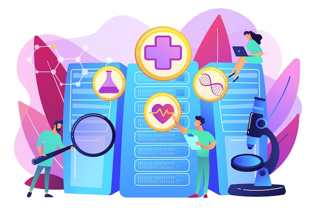 Médicos e análises prescritivas personalizadas. saúde de big data, medicina personalizada, atendimento ao paciente de big data, conceito de análise preditiva. ilustração isolada violeta vibrante brilhante