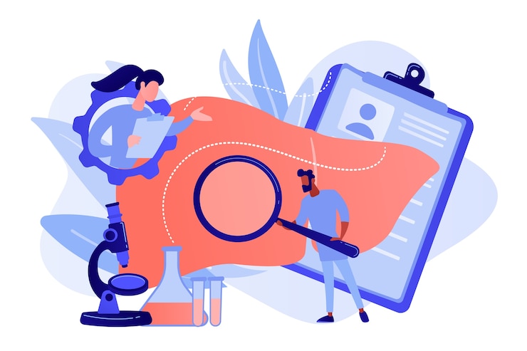 Vetor grátis médicos examinando fígado enorme com lupa e microscópio. cirrose, cirrose do fígado e conceito de doença hepática em fundo branco. ilustração de vetor isolado de coral rosa