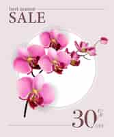 Vetor grátis melhor venda temporada, trinta por cento de cartaz com flores cor de rosa e círculo branco.