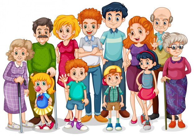 Membros da família com filhos e todos os parentes