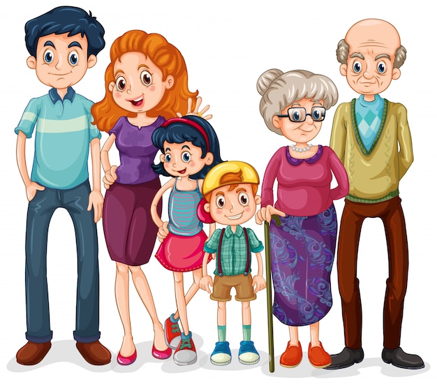 Membros da família com pais e filhos em fundo branco