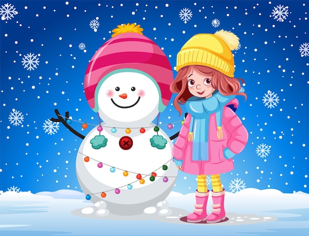 Menina a construir um boneco de neve ao ar livre