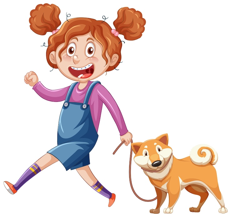 Vetor grátis menina adolescente andando com personagem de desenho animado de estimação no fundo branco