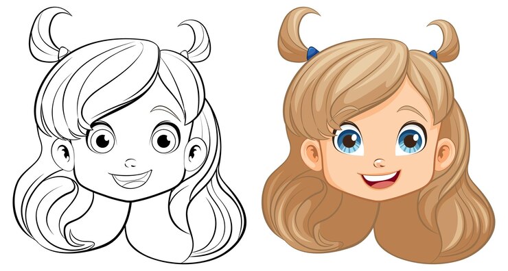 Vetor grátis menina alegre desenho animado cabeça sorridente e contorno doodle