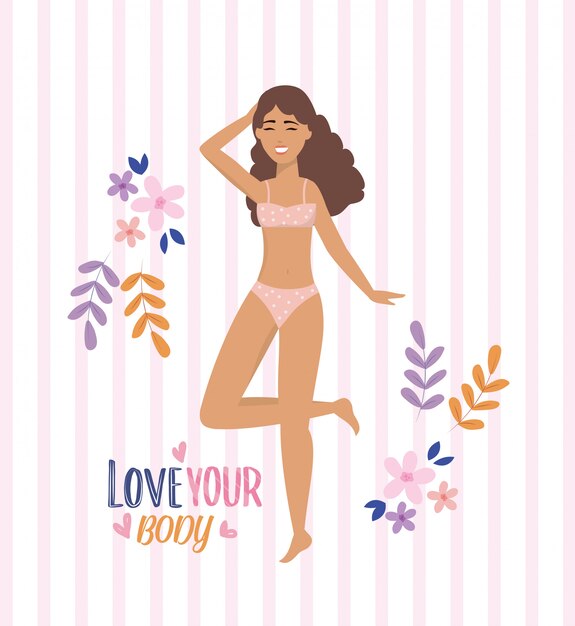 Menina beleza, com, underclothes, com, ramos, plantas