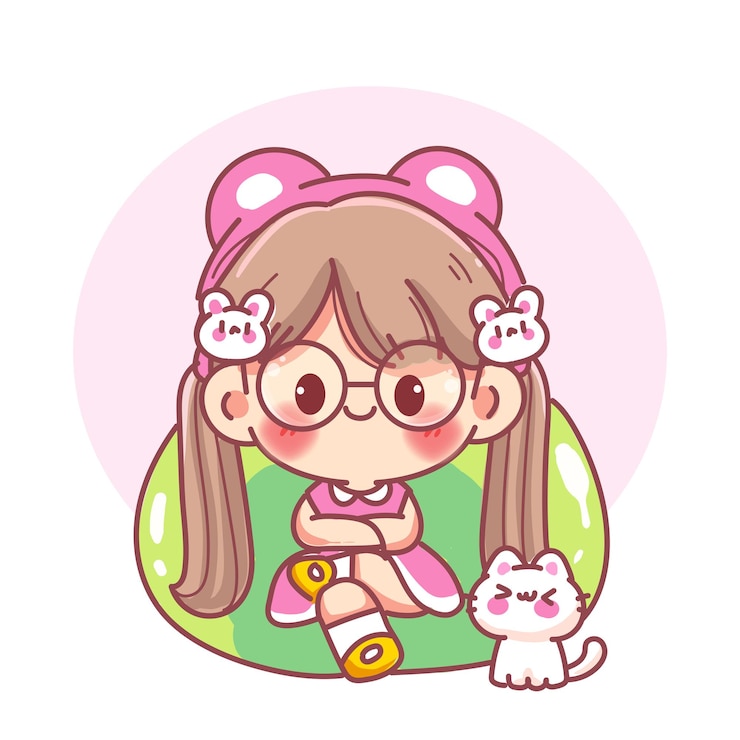 Vetor grátis menina bonita sentada em um sofá com um personagem de desenho animado de gato vector