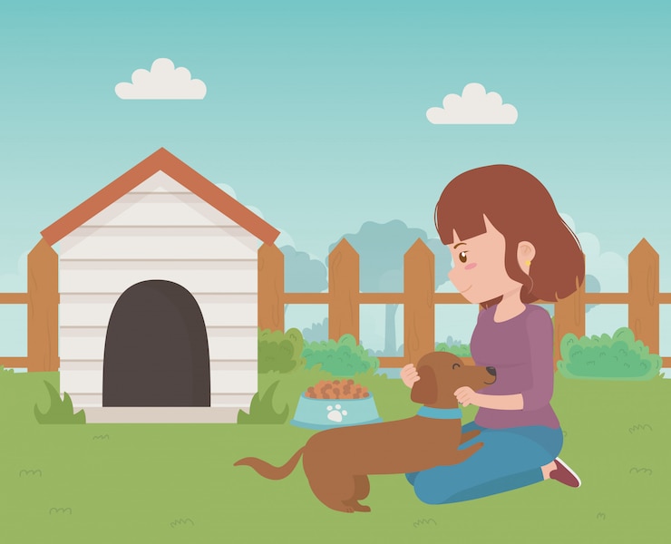 Vetor grátis menina, com, cão, caricatura, desenho