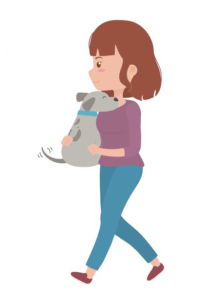 Menina, com, cão, caricatura