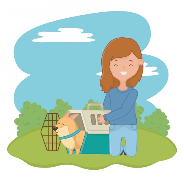 Menina, com, cão, de, caricatura